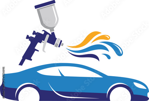 Professional auto body repair and painting service icon with spray gun and blue car flat design vector illustration isolated on transparent background