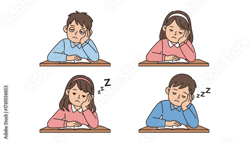 Stressed students studying hard are tired and sleepy in the classroom vector illustration