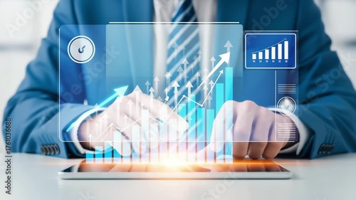 Businessman analyzing financial growth chart on futuristic holographic interface with upward arrows motion animation video