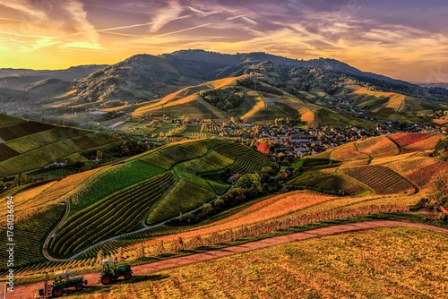 Photography Breathtaking panoramic view of sun-kissed terraced vineyards and agricultural fi