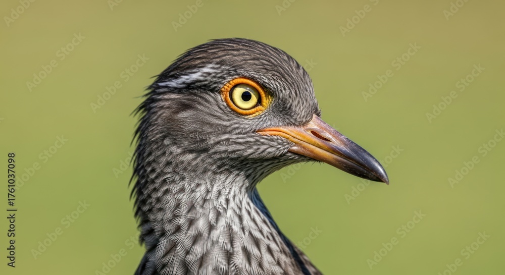 Obraz premium Close up of a bird with striking yellow eyes and intricate feather details.