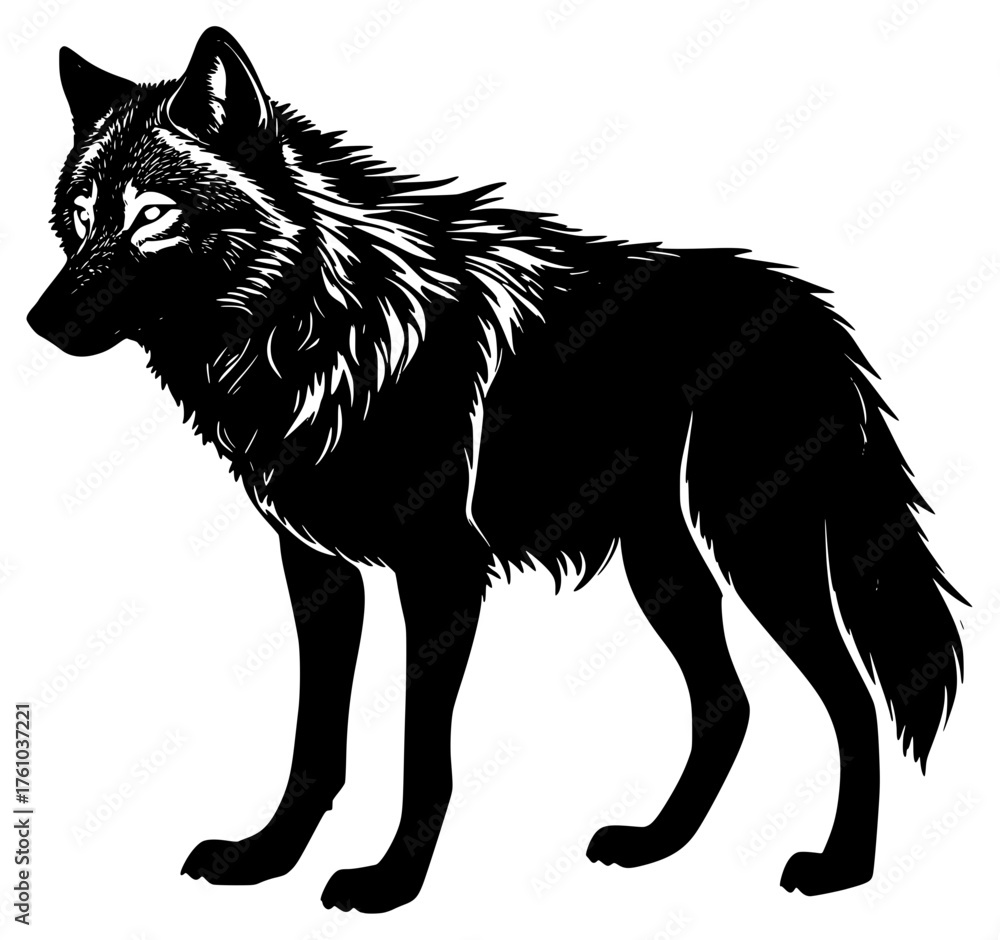 Fototapeta premium wolf on a transparent background, black, drawing, silhouette, stand, wild, wolf 