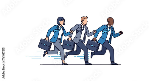 Business team running together diverse professionals in sync moving forward with briefcases symbolizing unity ambition and corporate success.