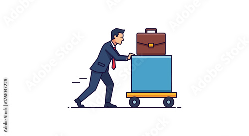 businessman pushing cart with briefcase hard work in business moving forward with determination illustrating logistics and shipping solutions.