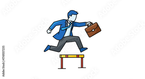 Businessman jumping over hurdle a career challenge carrying briefcase facing business obstacles demonstrating ambition and overcoming adversity in business life