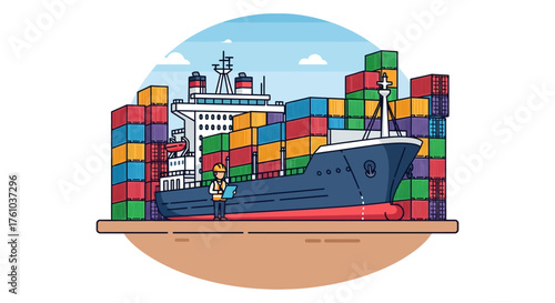 Cargo ship inspection A shipping worker with a clipboard checks cargo containers at port for logistics  global trade supply chain optimization.
