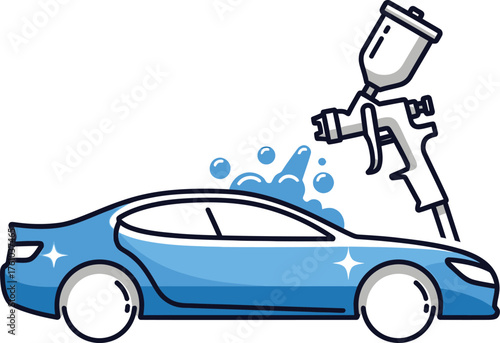 Professional car painting spray gun auto body repair and refinishing service concept flat design vector illustration isolated on transparent background