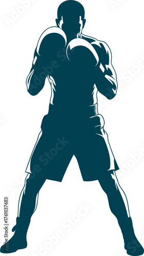 Dynamic boxer silhouette in fighting stance with intense teal and green hues against white silhouette