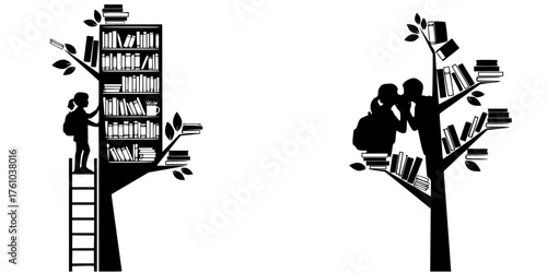Children reading books in treehouse library with ladder design  