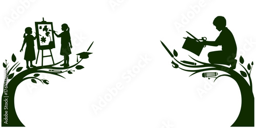 Two children painting and drawing in nature on artistic tree branches  