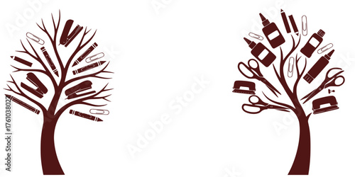 Decorative trees made of office supplies in a minimalist style  