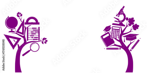 Educational tree design featuring school supplies and learning tools  