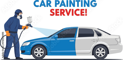 Professional auto body shop car painting service expert auto refinishing flat design vector illustration isolated on transparent background