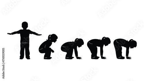 Child learning to perform a squat exercise sequence of movements silhouette silhouette