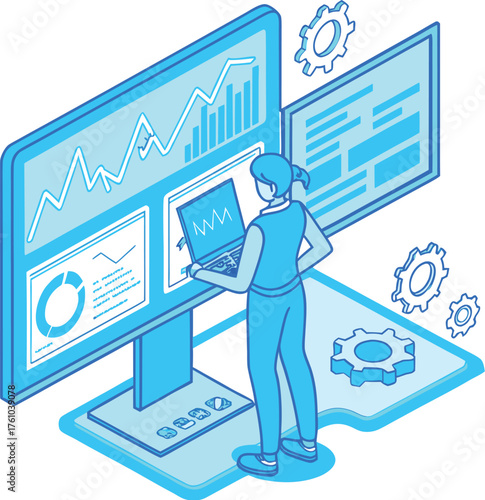 Person analyzing data on multiple screens for business insights