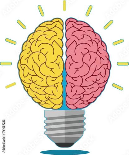 Innovative lightbulb brain concept symbolizing creative ideas and cognitive function flat design vector illustration isolated on transparent background