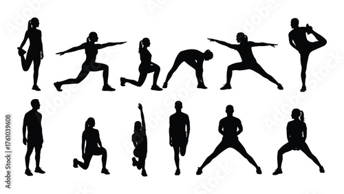 Dynamic silhouettes of people performing various yoga and fitness poses for health and wellness silhouette