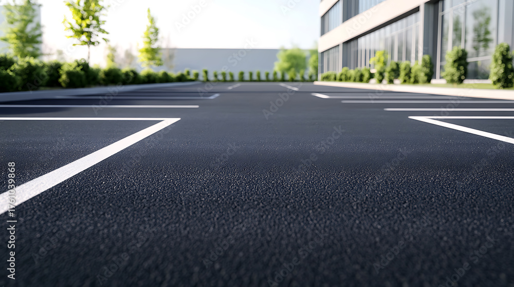 Obraz premium A parking lot with white lines marking parking spaces in front of a modern building. The lot is paved with asphalt, and there are green trees planted behind it. Focus on ground textures.