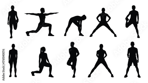 Diverse group of people silhouettes performing various exercise poses fitness active lifestyle silhouette