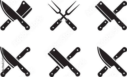 crossed kitchen utensils silhouettes six black vector icons chef knife cleaver meat fork for culinary logo signage branding