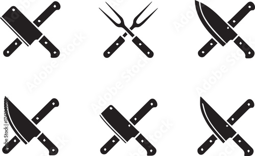 crossed kitchen tool silhouettes chef knife cleaver meat fork vector set perfect for restaurant logo signage and packaging