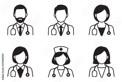 set of medical professional icons black and white vector ai eps png jpeg minimal healthcare avatars
