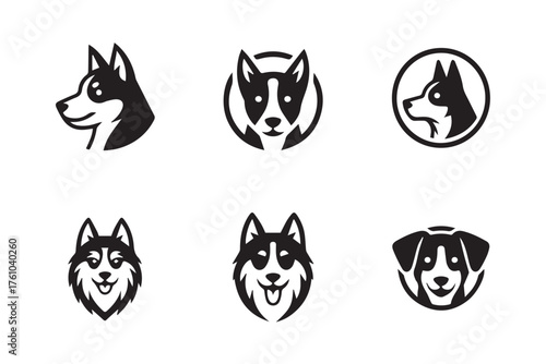 stylized dog head logo emblems husky-focused black and white vector illustrations for branding ai eps jpeg png