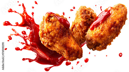Crispy fried chicken wings with red sauce splash, cut out transparent