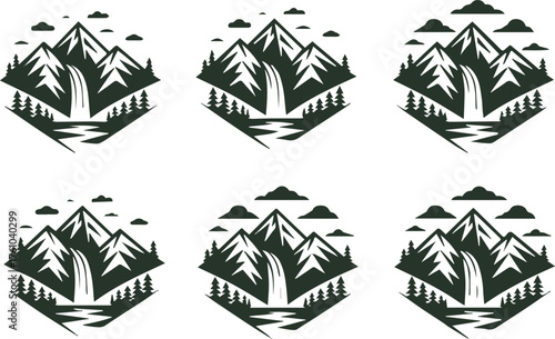 mountain waterfall logo set with river and pine forest minimalist vector illustrations for outdoor branding