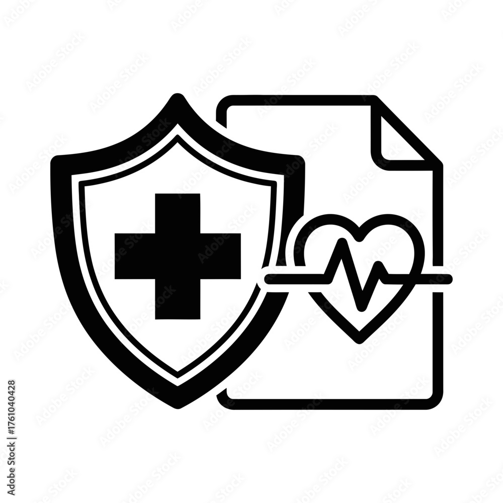 Fototapeta premium Medical insurance document with shield and heart silhouette vector illustration