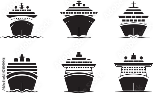 cruise ship front view vector set six stylized liners symmetrical bow silhouettes for maritime design