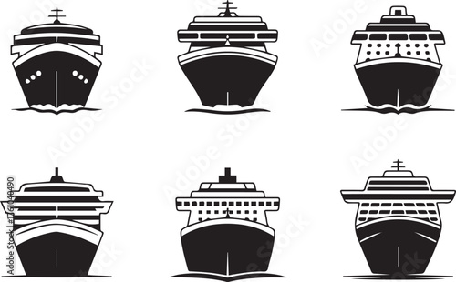 front view cruise liners collection six black and white vector illustrations ideal for travel and transport