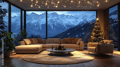 Modern interior design with panoramic snowy mountain view high resolution image