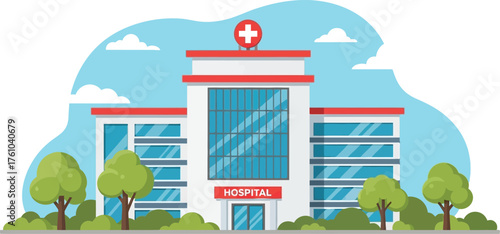 Modern hospital building facade with trees and sky graphic for healthcare and medical services flat design vector illustration isolated on transparent background