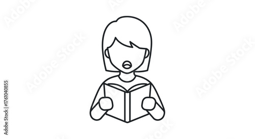 Line Art Illustration of a Woman Reading an Open Book.