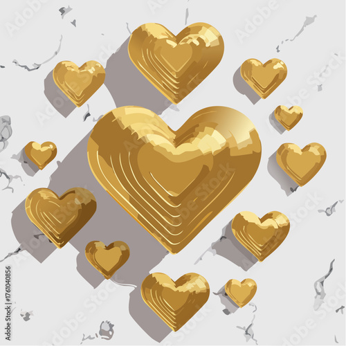 Goldene Herzen im 3D-Stil auf Marmorhintergrund