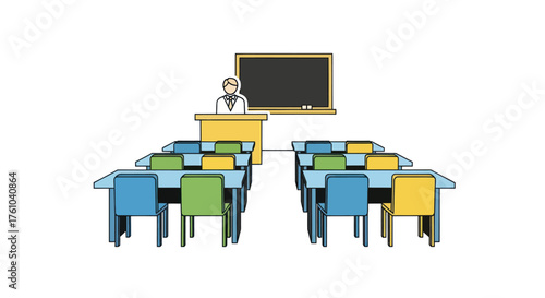 Classroom Illustration with Teacher Desks and Blackboard.