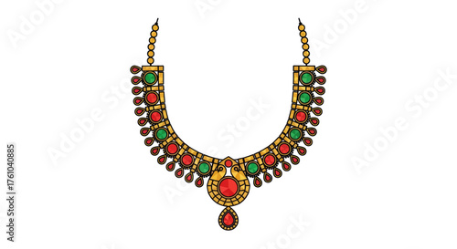 An ornate gold-toned necklace featuring vibrant red and green gemstones and a central pendant.