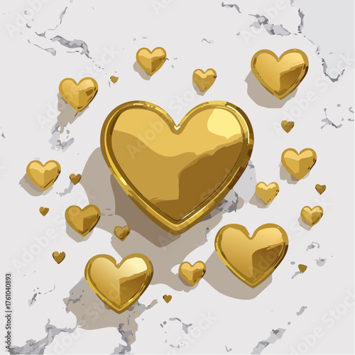 Goldene Herzen im 3D-Stil auf Marmorhintergrund