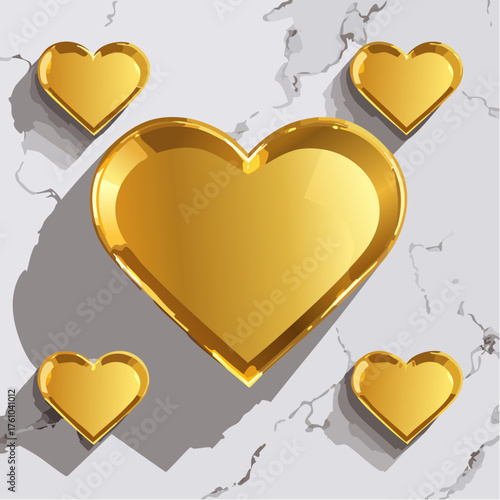 Goldene Herzen im 3D-Stil auf Marmorhintergrund