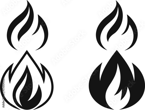 Fire Flame Icons in Black and White Designs Representing Energy and Passion with Detailed Elements Two Different Styles