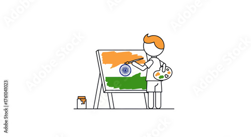 Artist paints the Indian flag on a canvas with vibrant colors and a palette.