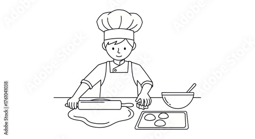Baker preparing dough with rolling pin and cookies on tray.