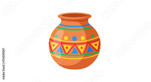 Colorful Terracotta Pot with Geometric Patterns and Decorative Bands.