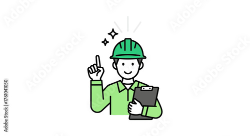 construction worker idea contractor with clipboard pointing up presenting a solution for building project efficiency and improved site operations