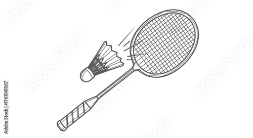Hand-drawn Badminton Racket Hitting Shuttlecock in Motion.