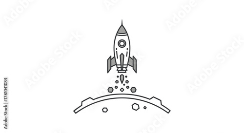 Stylized Line Art Rocket Launching from a Lunar Surface.