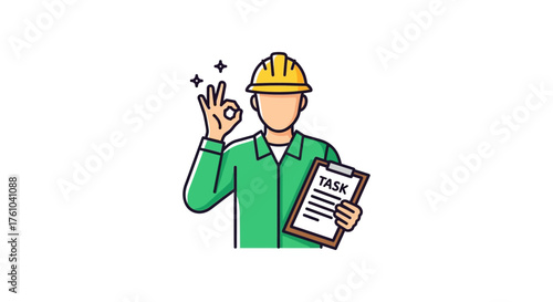 construction worker with task list gives ok gesture showing quality control assurance for industry project management and safety standards