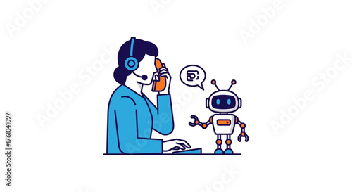 customer service ai agent answering call with robot assistant providing support perfect for illustrating virtual support innovative technology and ai integration.
