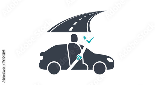 Car safety icon with a driver wearing a seatbelt and a checkmark for safe driving on the road.